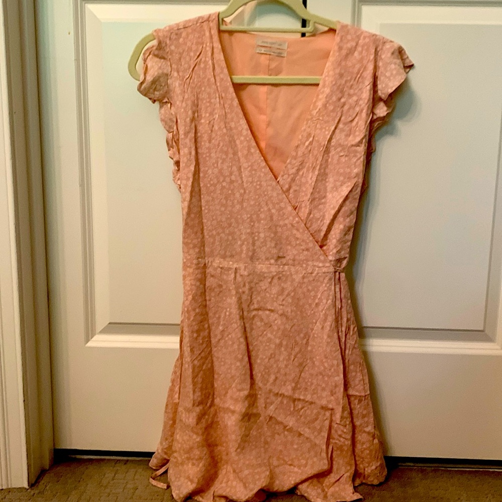 Urban Outfitters Floral Wrap Mini Dress Pink White Sz small Flutter Sleeve